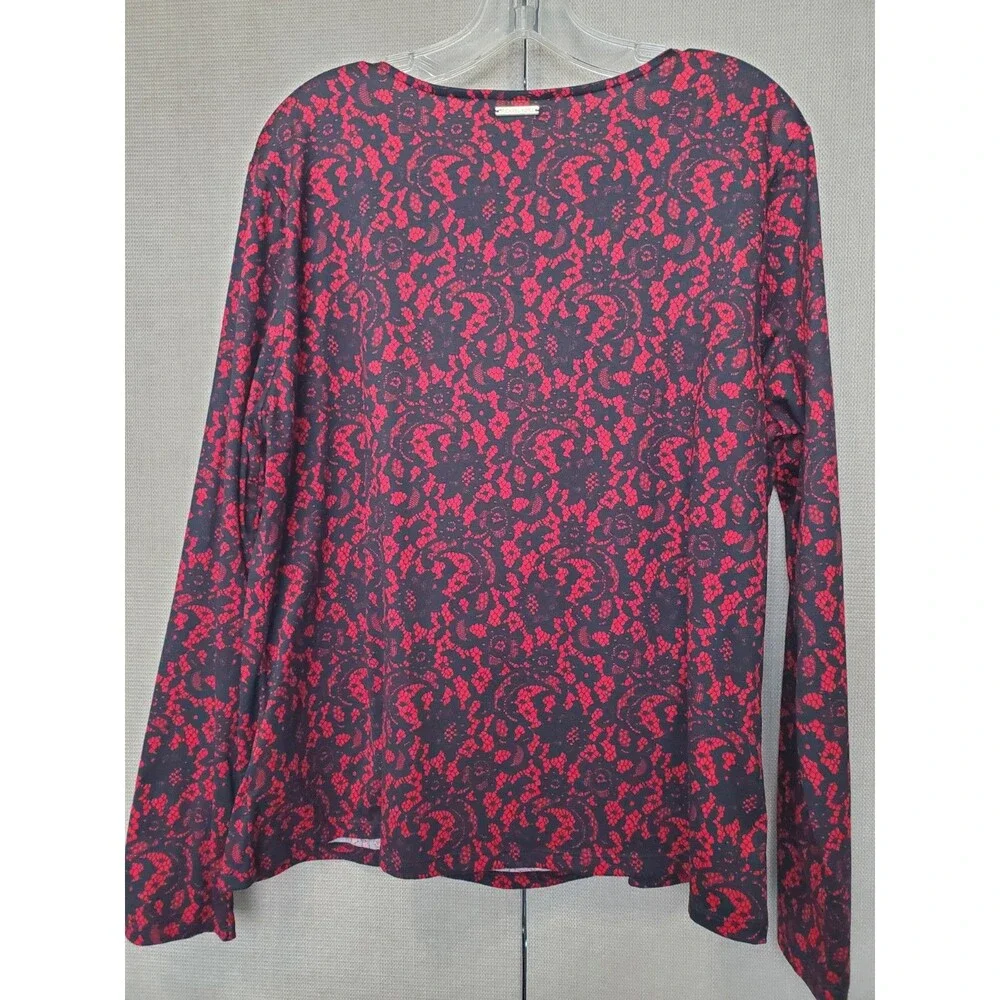 Michael Michael Kors Red/Black Lace Print Front Cut-Out Long Sleeve Blouse Sz XL